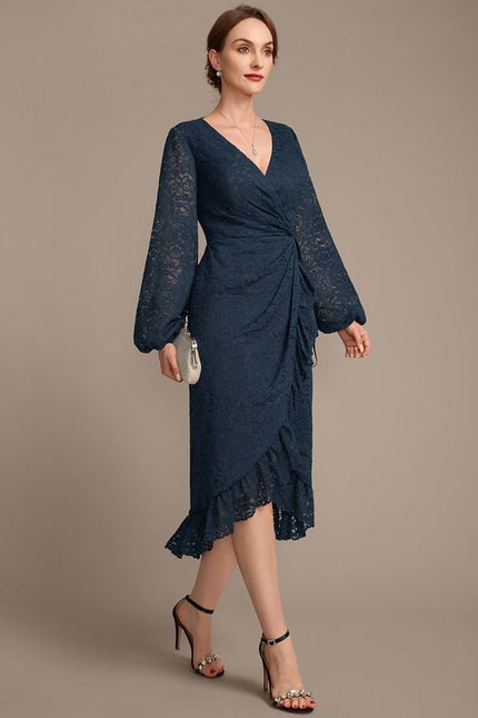 Robe Manche Longue Dentelle Bleu Nuit - gallery 5