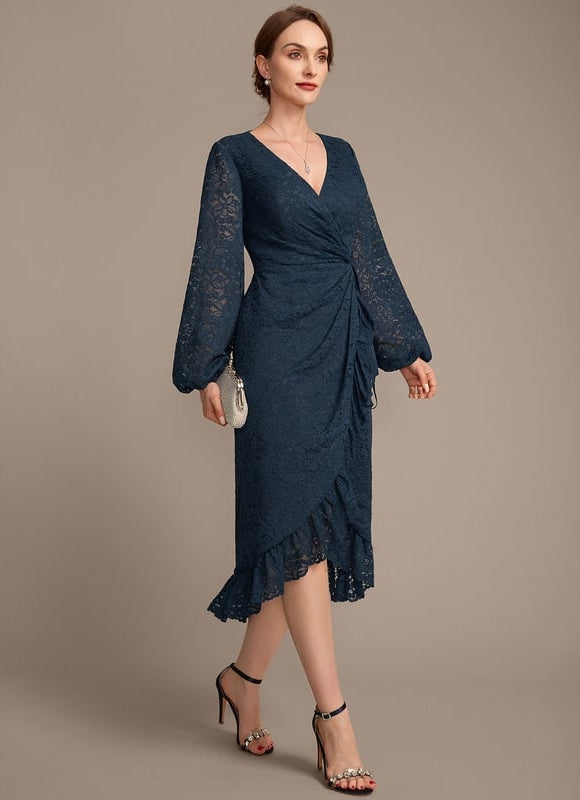 Robe Manche Longue Dentelle Bleu Nuit - gallery 5