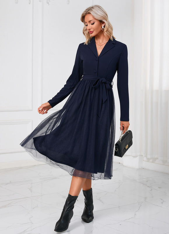 Robe Manche Longue Midi Ceinturée Élégante - gallery 3