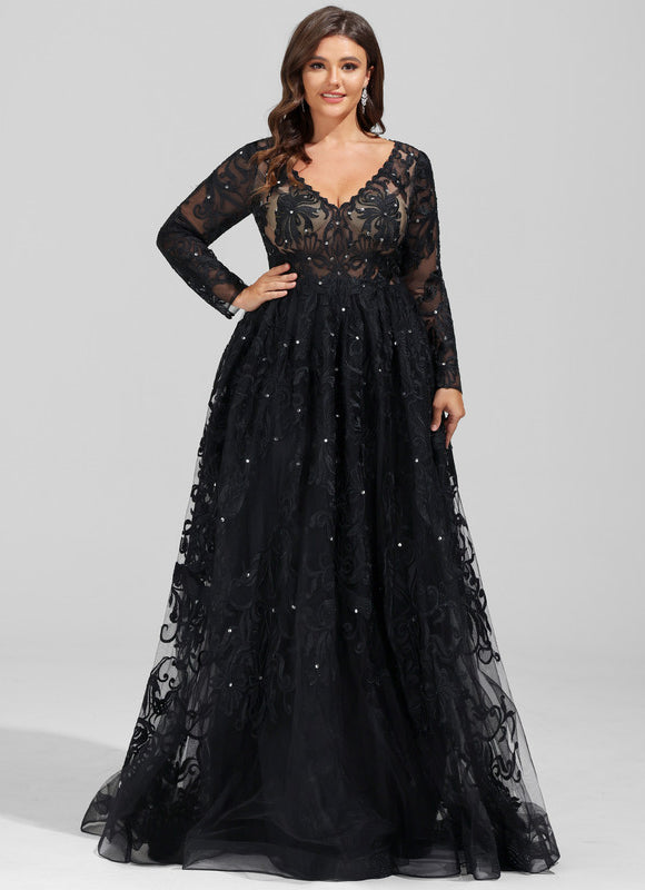 Robe Manche Longue De Bal Noire Élégante - gallery 5