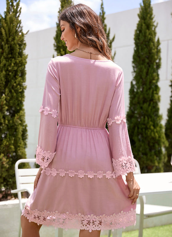 Robe Manche Longue Courte Florale Rose - gallery 4