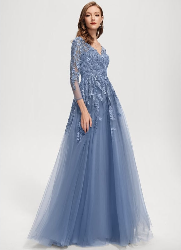 Robe Manche Longue Tulle Bleue Élégante - gallery 4