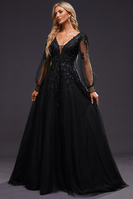 Robe Manche Longue De Bal Noire Élégante - gallery 8