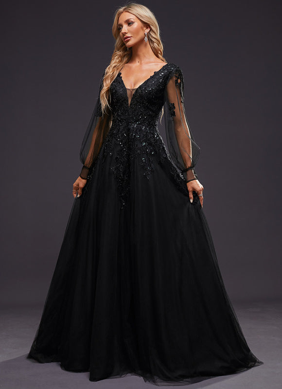 Robe Manche Longue De Bal Noire Élégante - gallery 8