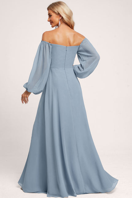 Robe Manche Longue Longue Bleu Satin - gallery 6