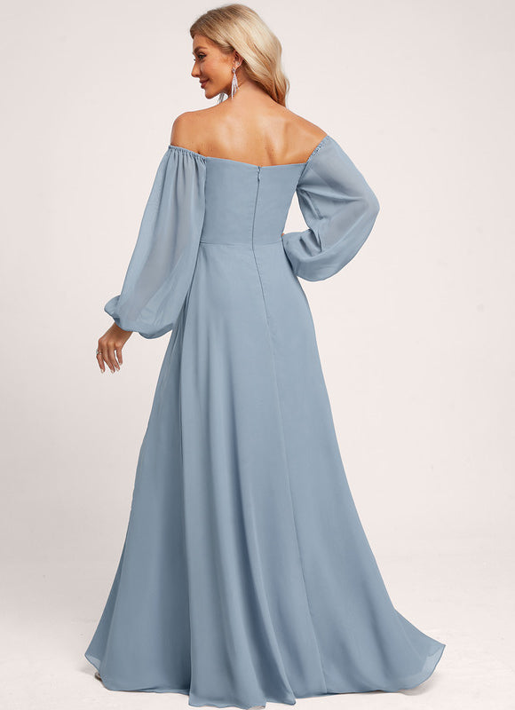 Robe Manche Longue Longue Bleu Satin - gallery 6