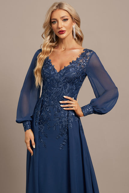 Robe Manche Longue Élégante Bleu Nuit - gallery 2