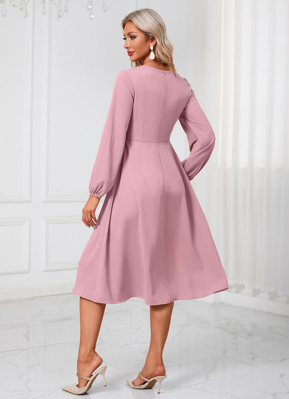 Robe Manche Longue Midi Rose Fluide - gallery 2