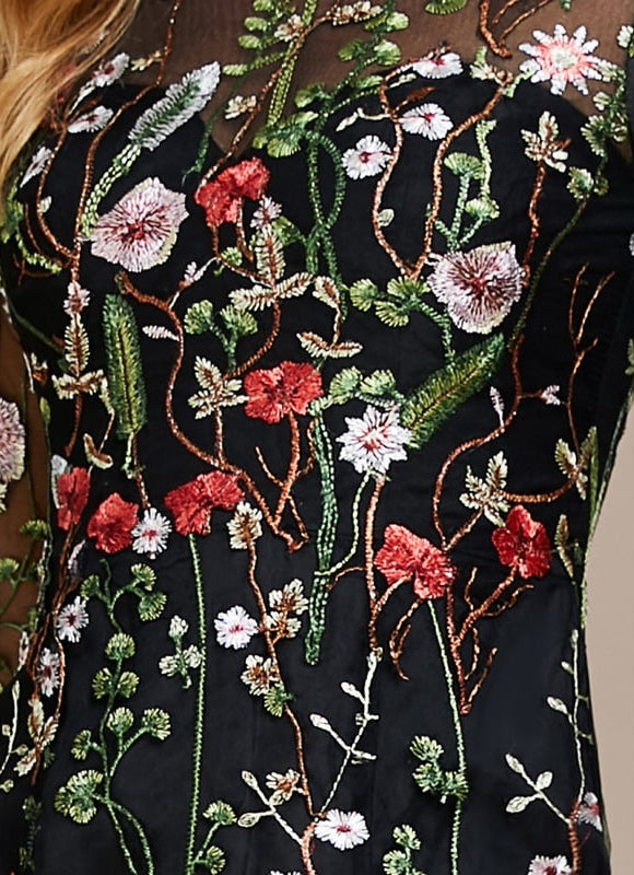 Robe Manche Longue Florale Noire - gallery 1