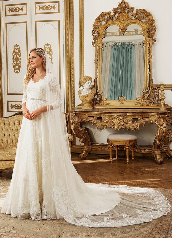 Robe Manche Longue Nuptiale Florale - gallery 2