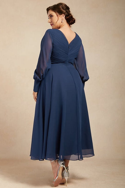 Robe Manche Longue Vaporeuse Marine - gallery 9
