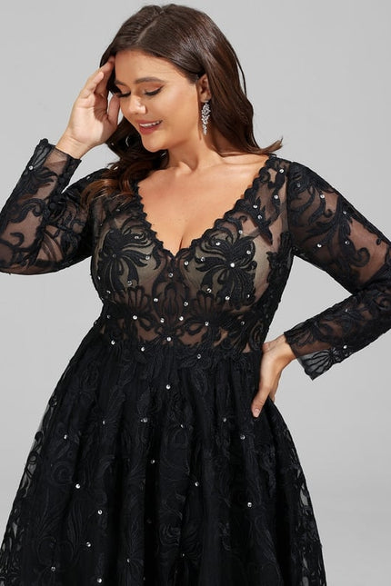 Robe Manche Longue De Bal Noire Élégante - gallery 9