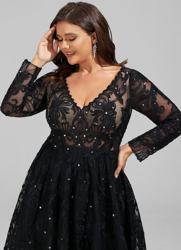 Robe Manche Longue De Bal Noire Élégante - gallery 9