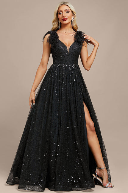 Robe Manche Longue Noire Scintillante - gallery 6
