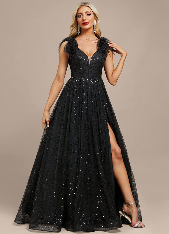 Robe Manche Longue Noire Scintillante - gallery 6