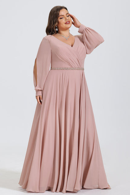 Robe Manche Longue Mousseline Rose Élégante - gallery 8
