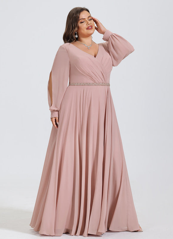 Robe Manche Longue Mousseline Rose Élégante - gallery 8