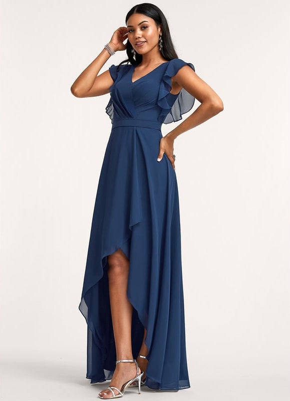 Robe Manche Longue Fluide Marine Volants