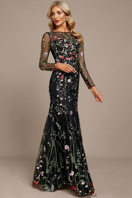 Robe Manche Longue Florale Noire - gallery 4