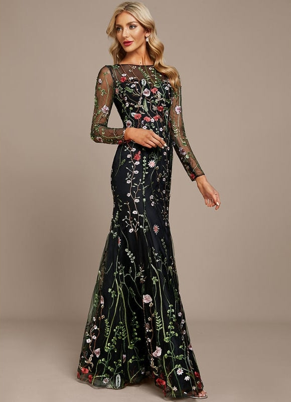 Robe Manche Longue Florale Noire - gallery 4