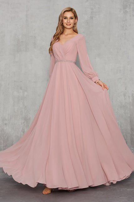 Robe Manche Longue Mousseline Rose Élégante