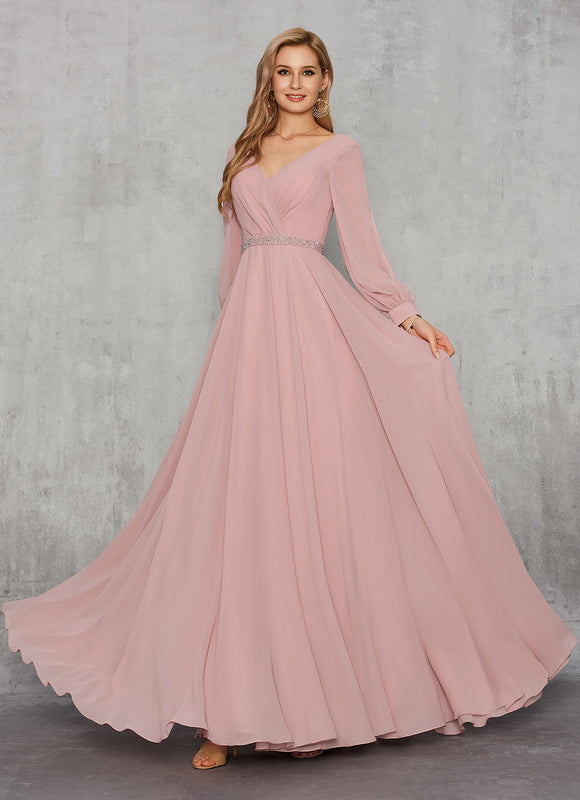 Robe Manche Longue Mousseline Rose Élégante