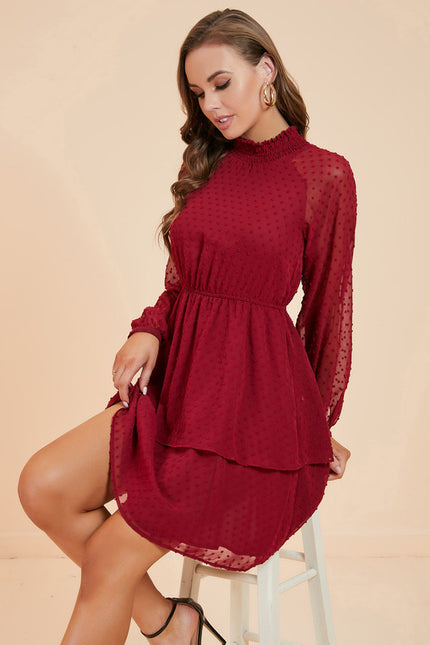 Robe Manche Longue Courte Volants Bordeaux - gallery 2