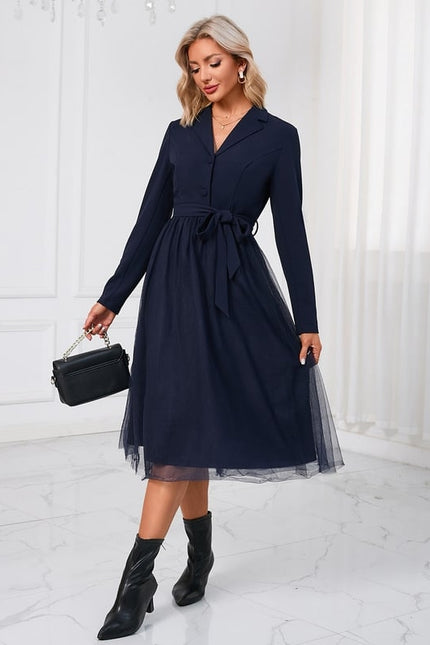 Robe Manche Longue Midi Ceinturée Élégante