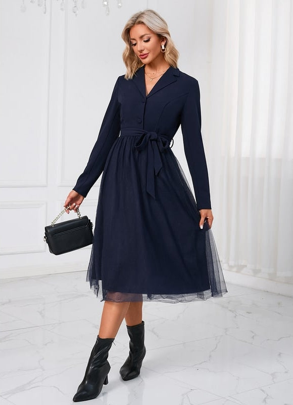 Robe Manche Longue Midi Ceinturée Élégante