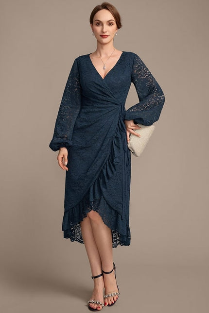 Robe Manche Longue Dentelle Bleu Nuit - gallery 1