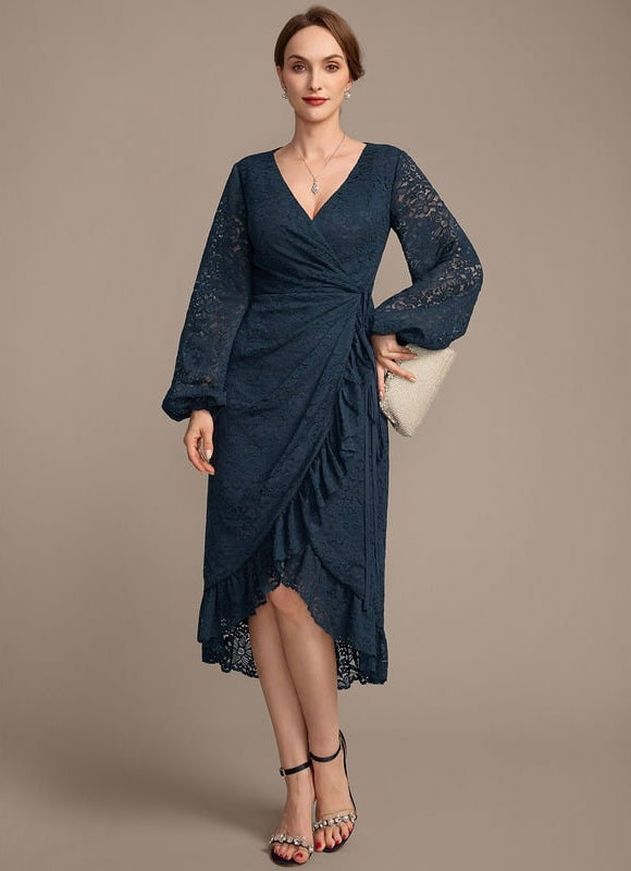 Robe Manche Longue Dentelle Bleu Nuit - gallery 1