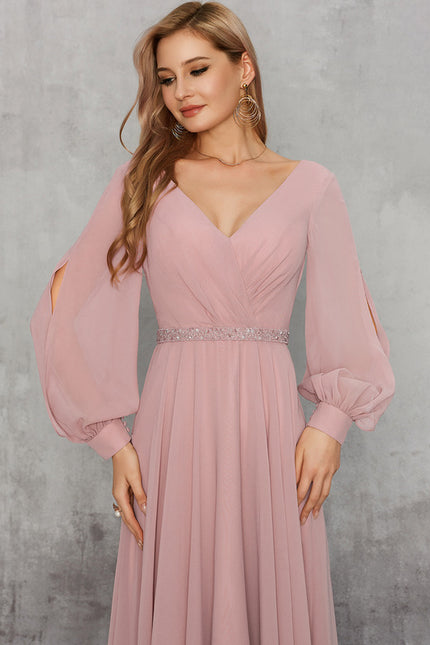 Robe Manche Longue Mousseline Rose Élégante - gallery 3