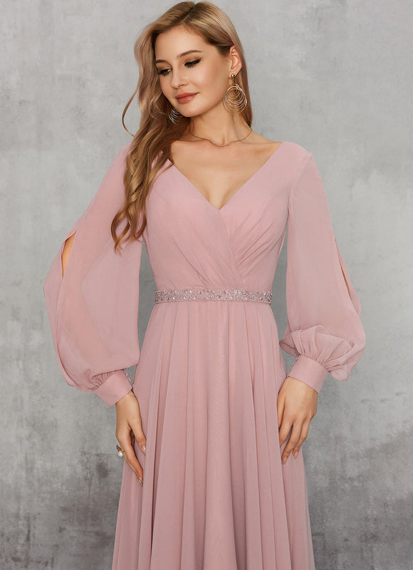Robe Manche Longue Mousseline Rose Élégante - gallery 3