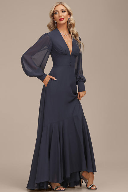 Robe Manche Longue Fluide Bleu Marine - gallery 1