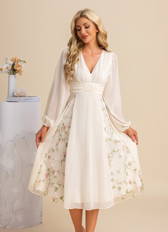 Robe Manche Longue Midi Florale Élégante - gallery 2