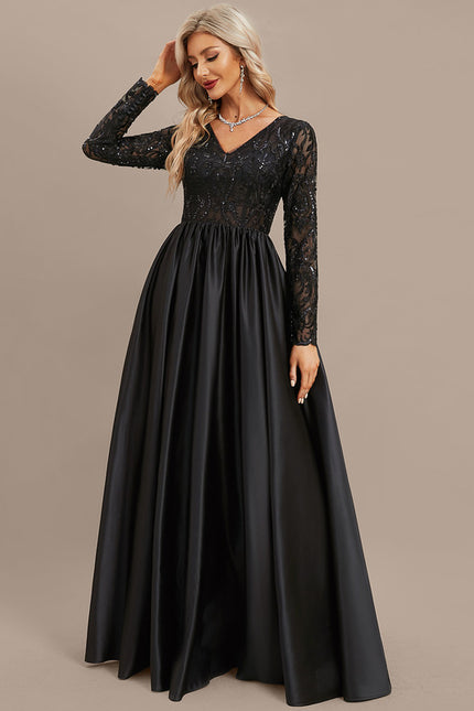 Robe Satin Noir Manche Longue - gallery 3