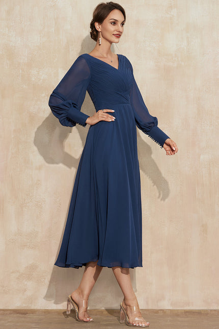 Robe Manche Longue Vaporeuse Marine - gallery 5