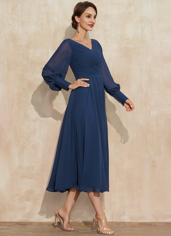 Robe Manche Longue Vaporeuse Marine - gallery 5