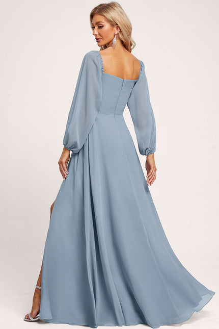 Robe Manche Longue Longue Bleu Satin - gallery 3