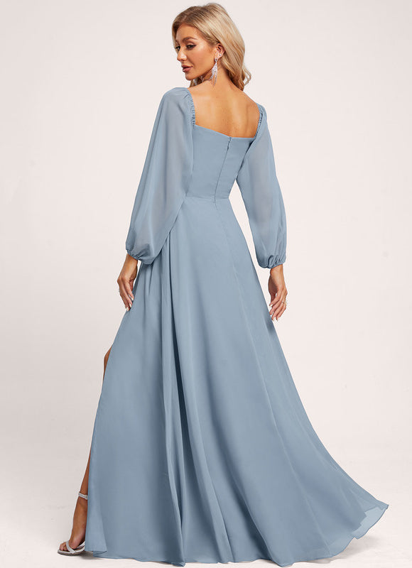 Robe Manche Longue Longue Bleu Satin - gallery 3