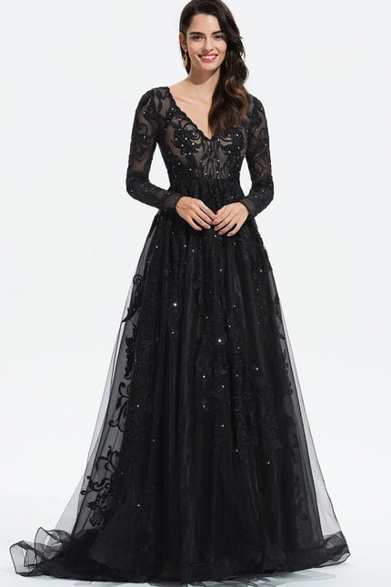 Robe Manche Longue De Bal Noire Élégante - gallery 1