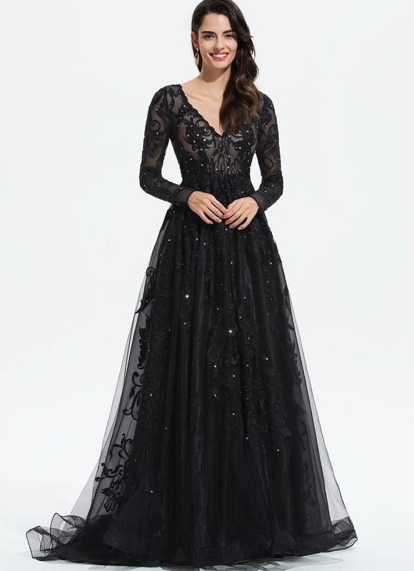Robe Manche Longue De Bal Noire Élégante - gallery 1