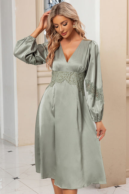 Robe Satin Verte Manche Longue - gallery 3