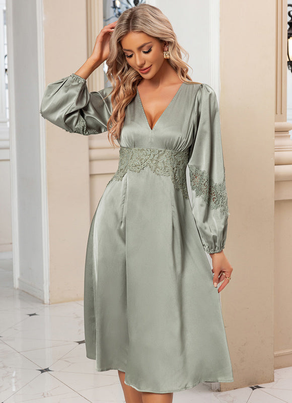 Robe Satin Verte Manche Longue - gallery 3