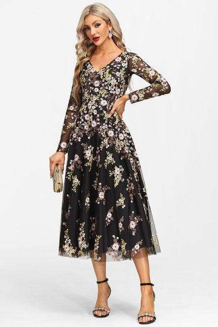 Robe Manche Longue Florale Noire Vaporeuse - gallery 2