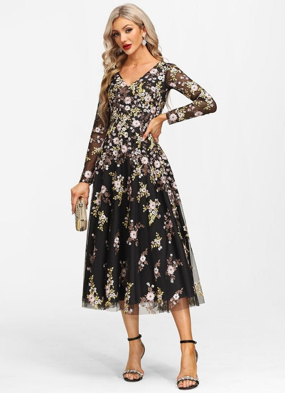 Robe Manche Longue Florale Noire Vaporeuse - gallery 2