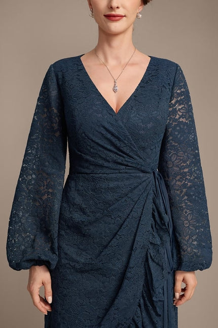 Robe Manche Longue Dentelle Bleu Nuit - gallery 7