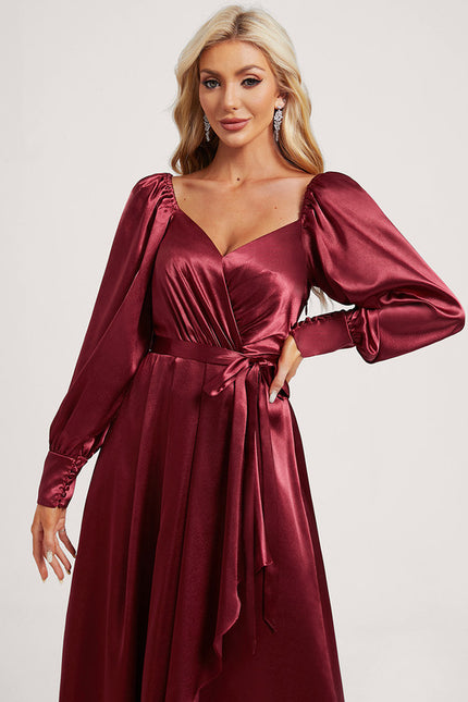 Robe Manche Longue Satin Volants Bordeaux - gallery 3