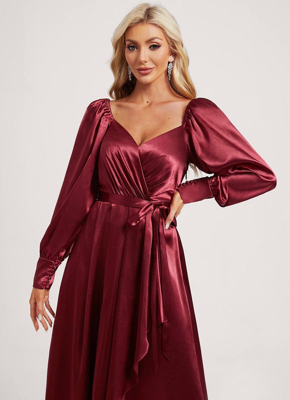 Robe Manche Longue Satin Volants Bordeaux - gallery 3