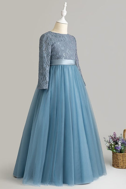Robe Manche Longue Tulle Bleu Satin - gallery 3